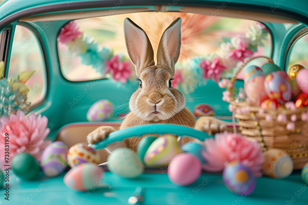 Cute bunny driving blue car full of Easter eggs, funny rabbit character, Easter cartoon Illustration
