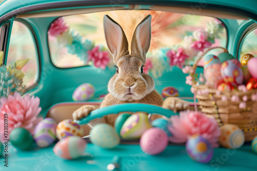 Cute bunny driving blue car full of Easter eggs, funny rabbit character, Easter cartoon Illustration © zamuruev