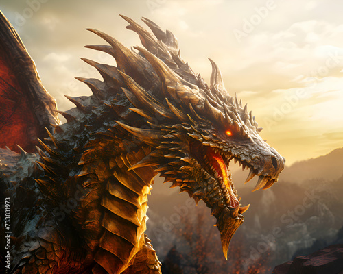 3D rendering of a fantasy dragon with sunset in the background.