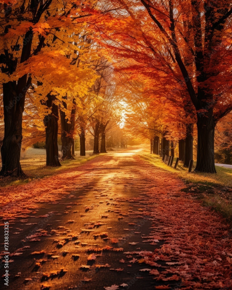 AI-generated illustration of a golden autumnal forest road at sunset