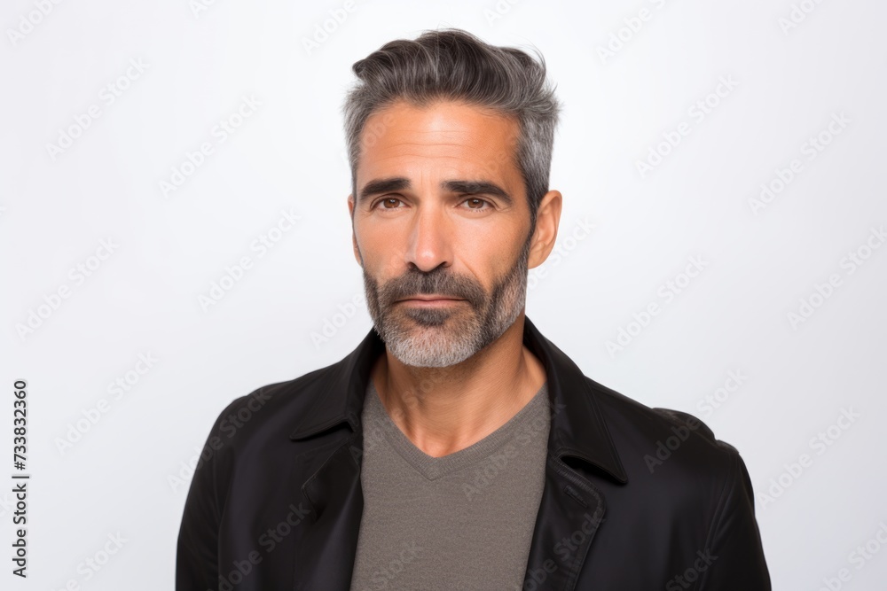 Handsome Persian man with beard and mustache in black jacket on grey background Handsome Persian man with beard and mustache in black jacket on grey background