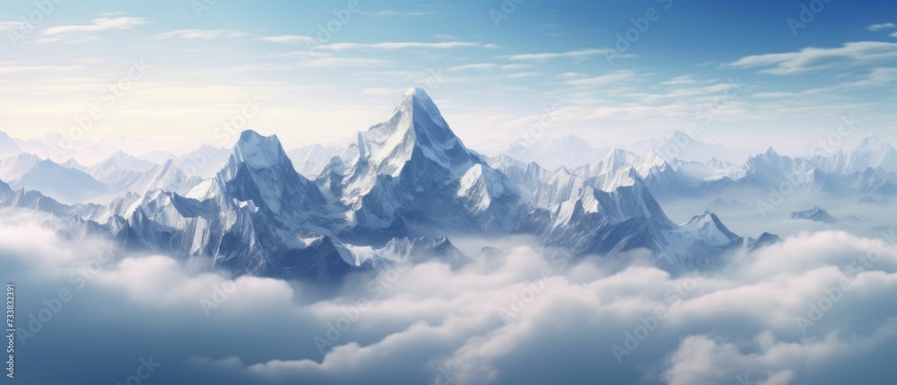 AI-generated illustration of a tranquil mountain landscape covered in misty clouds