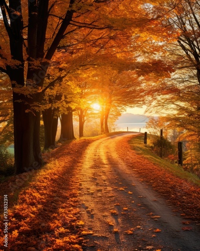 AI-generated illustration of a golden autumnal forest road as the sun sets