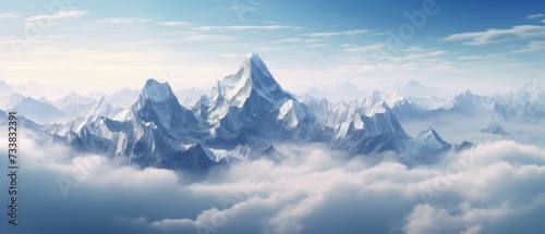 AI-generated illustration of a tranquil mountain landscape covered in misty clouds © Wirestock