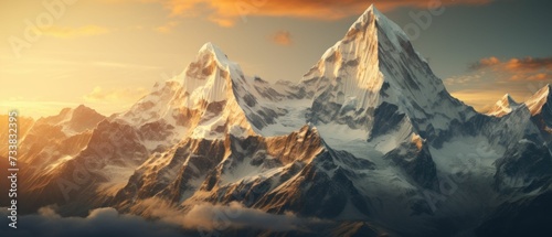 AI-generated illustration of a scenic mountain range at sunset photo