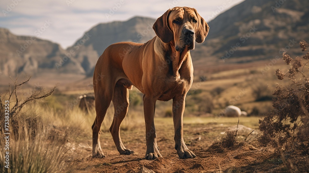 AI generated illustration of an adorable Brazilian Fila dog standing in a picturesque grassy field