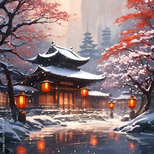 AI-generated illustration of a traditional Asian-style pagoda with lanterns amidst a snowy landscape
