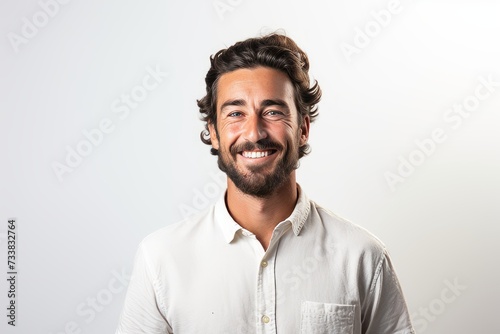 Handsome man with beard laughing over white background. Looking at camera