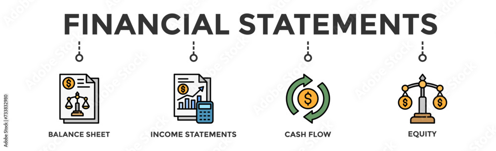 Financial statements banner web icon vector illustration concept with icon of graph, balance sheet, pie chart, income statements, money, calculator, income, earning, cash flow, equity, and balance