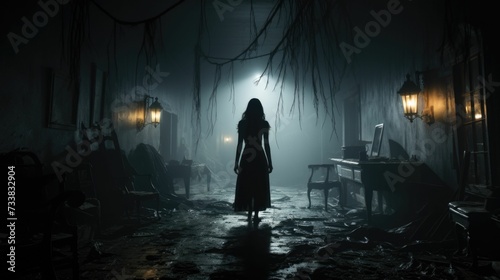 AI generated illustration of a dark and mysterious image of a female silhouette in a spooky room,