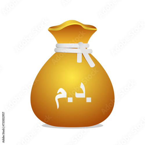 Moneybag with Moroccan Dirham symbol. Cash money, currency, business and financial item. Golden bag icon.