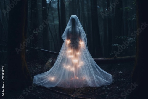 AI generated illustration of a feamle ghost in a dark forest photo