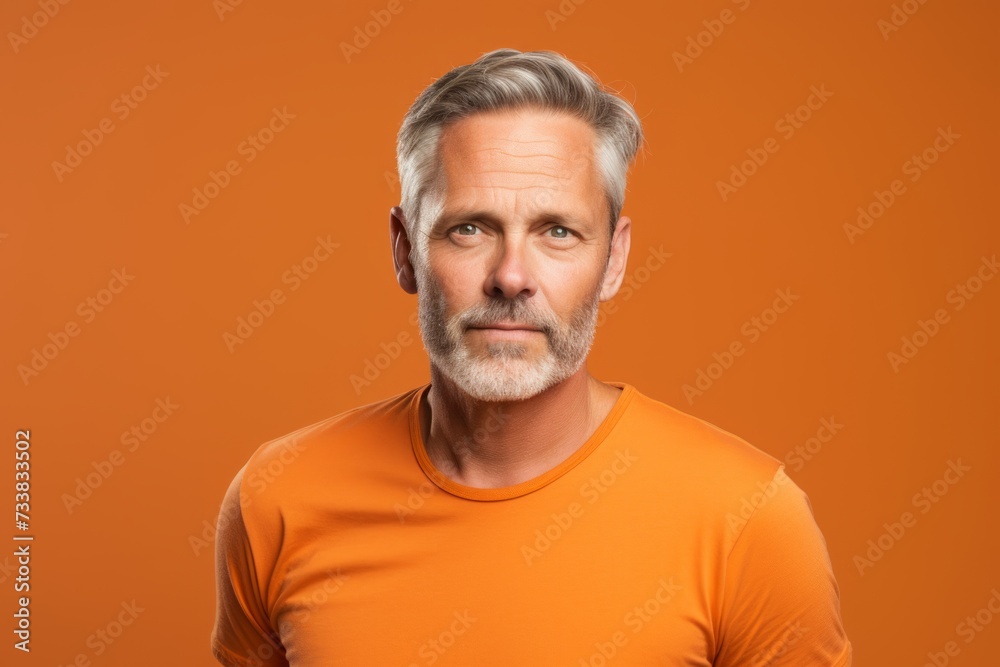 Portrait of handsome mature man in orange t-shirt on orange background Portrait of handsome mature man in orange t-shirt on orange background