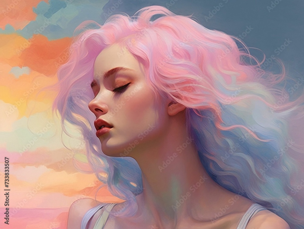 Fototapeta premium AI generated illustration of a young woman with pink hair