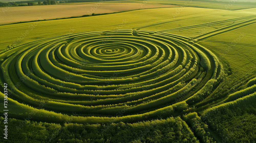 Aerial View of Intricate Crop Circles in Wheat Field - Mysterious Geometric Patterns from Above, Agriculture Beauty and Alien Concept Aerial View of Intricate Crop Circles in Wheat Field - Mysterious Geometric Patterns from Above, Agriculture Beauty and Alien Concept