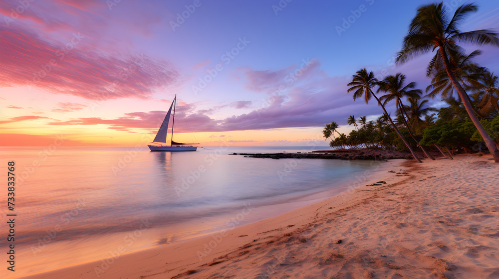 Serene Tropical Beach Landscape at Sunset: A Perfect Destination for Relaxation and Serenity