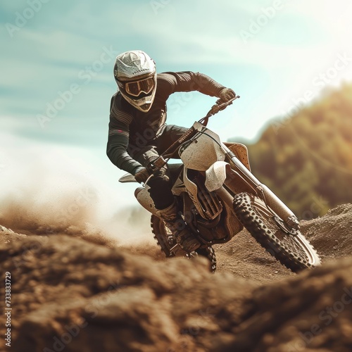 A person rides a trail motorbike, usually called a dual sport or all road, drifting on winding roads on top of extreme mountains with stunning views as a backdrop. Generative Ai