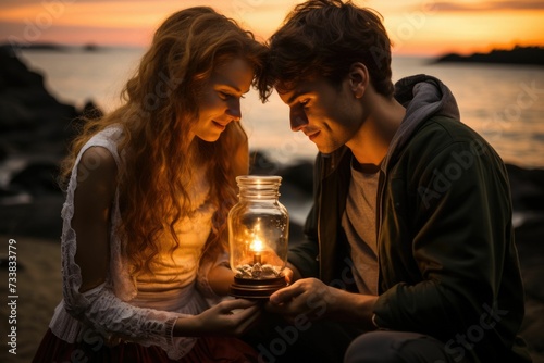 AI generated illustration of a cheerful young couple enjoying a moment together over a candle