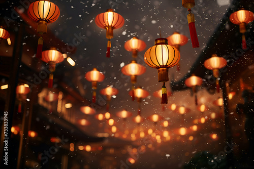 Chinese lanterns on the street during the snowfall
