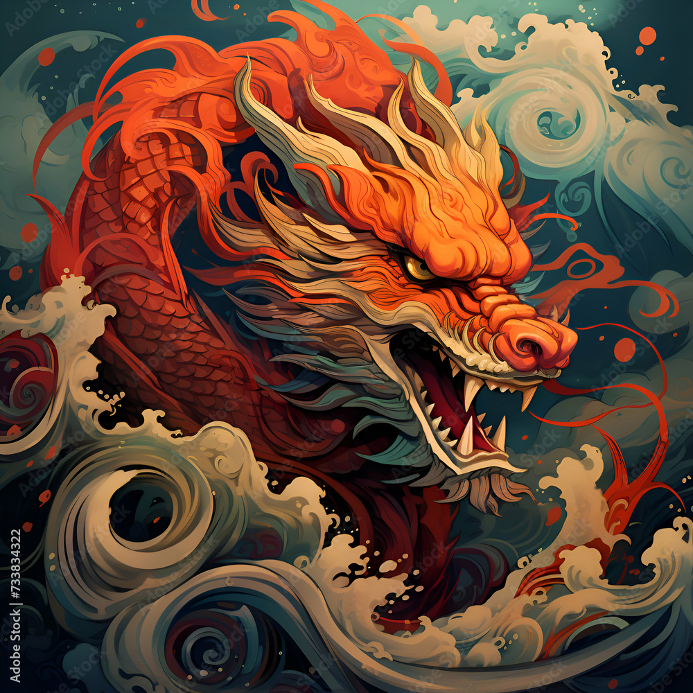 Dragon head with fire flames and grunge background.  illustration.
