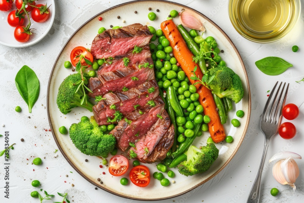 Healthy dinner plate concept. Grilled beef steak with vegetables, salad of green bean, peas and broccoli on light background top view