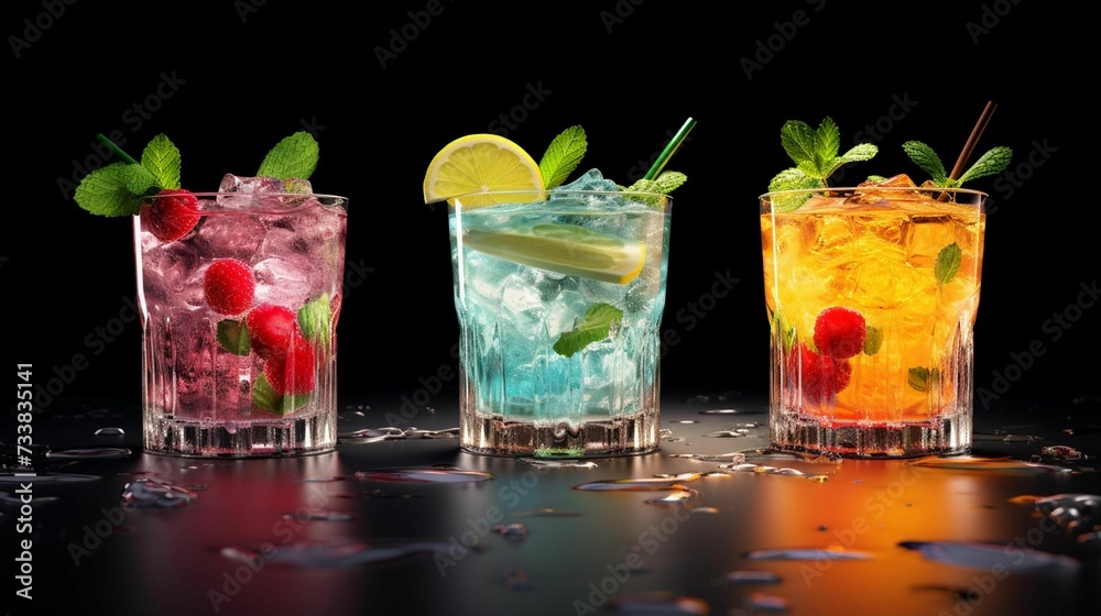 AI generated illustration of delicious cocktails on a surface with a blurry background