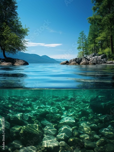 AI generated illustration of a scenic lake scene with tranquil, clear water glistening