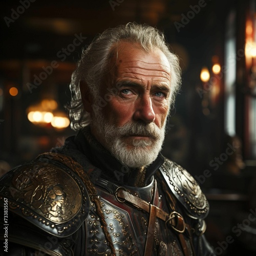 AI generated illustration of a male in full medieval armor and a beard in a room with windows