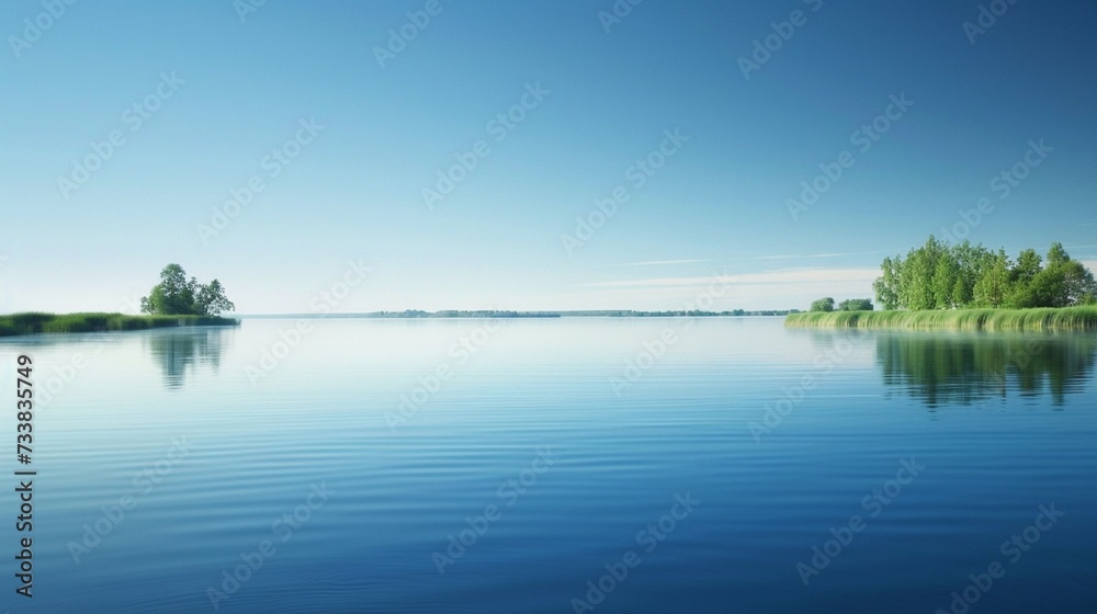 A serene landscape with calm waters and a clear blue sky, evoking feelings of peace and tranquility