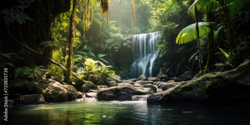 Tranquil Cascading Waterfall  A Serene Oasis of Green in a Wild Australian Rainforest