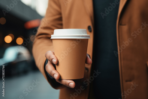 A businessman's hand holding a disposable eco-friendly cardboard cup with takeaway coffee in a big city