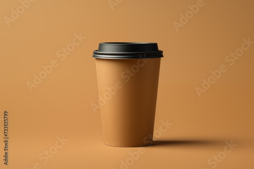 A disposable eco-friendly cardboard cup with takeaway drink isolated on a kraft cardboard colored background