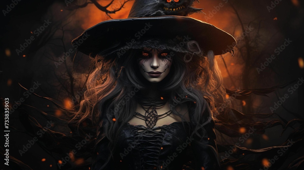 AI generated illustration of a female in a black pointed hat in a dark forest AI generated illustration of a female in a black pointed hat in a dark forest
