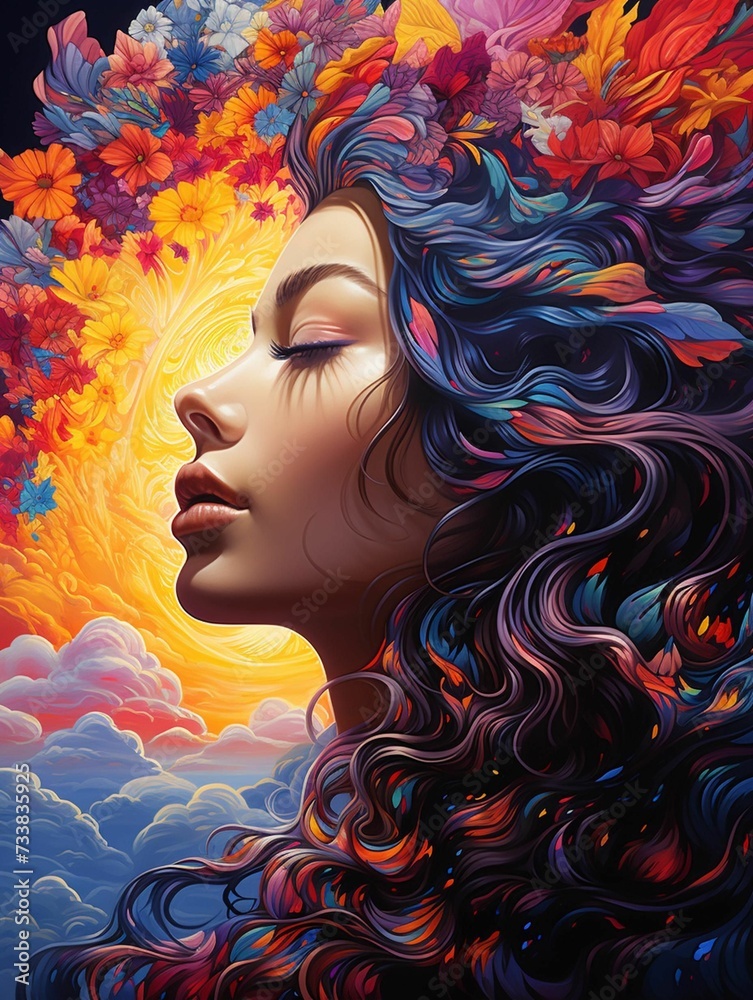 AI generated illustration of an oil painting of a female a dreamy sky of colorful clouds AI generated illustration of an oil painting of a female a dreamy sky of colorful clouds