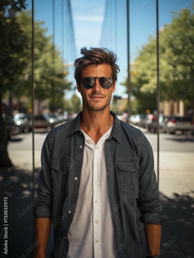 AI generated illustration of a young adult male standing outdoors wearing a pair of dark sunglasses AI generated illustration of a young adult male standing outdoors wearing a pair of dark sunglasses