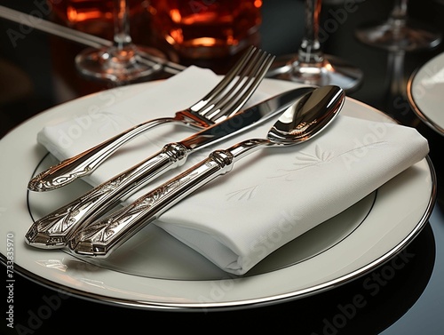 AI generated illustration of a white dinner plate and silverware set in a modern restaurant setting