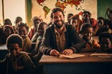 Caucasian man sits at a desk in a classroom surrounded by African children. AI-generated.