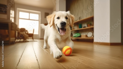 An adorable white pup engaged in a game of fetch, running around with a yellow tennis ball
