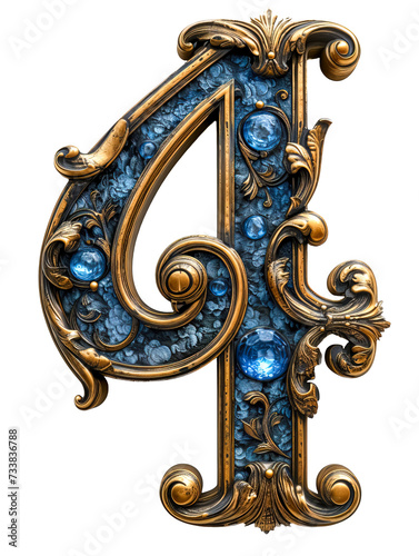 Golden number four decorated with sapphires isolated on white.