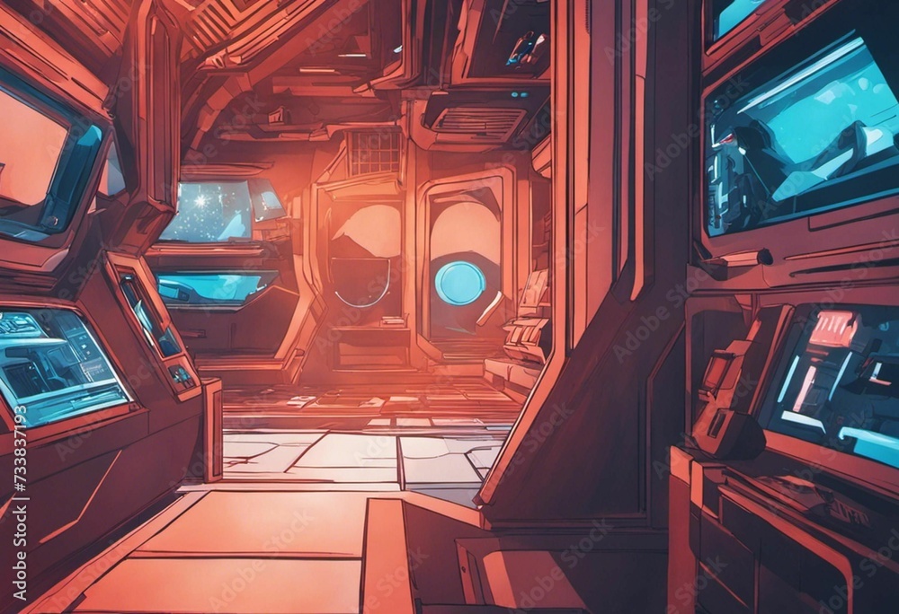 Obraz premium AI generated illustration of a spaceship flying in outer space with digital screens