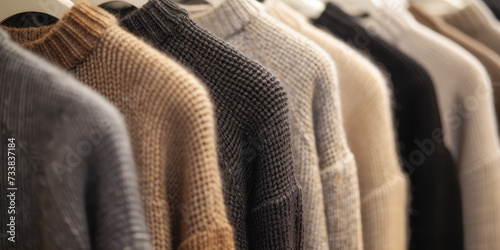Chic Textured Sweaters Lineup. Close-up of assorted cozy female knit sweaters handing on a rack. Neutral colors palette, basic closet.