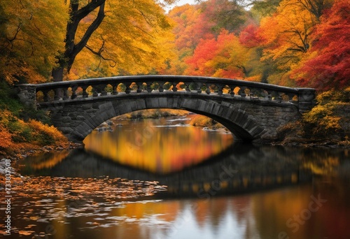 AI generated illustration of a stone bridge on a river in a forest with orange trees in autumn
