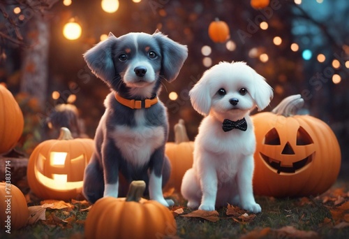 AI generated illustration of two adorable dogs surrounded by Halloween carved pumpkins outdoors