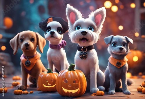 AI generated illustration of adorable dogs surrounded by Halloween carved pumpkins outdoors
