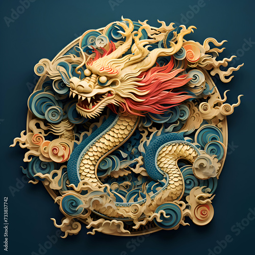 Chinese dragon paper cut style on red background. 3D illustration.