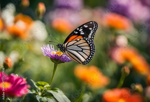 AI generated illustration of a butterfly perched on a vibrant flower in a field © Wirestock