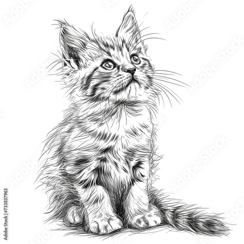 Sketch of Maine Coon kitten. Coloring page. Hand drawn vector illustration