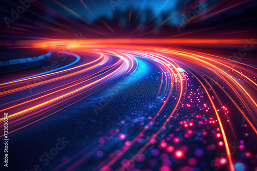Road in the night. Colorful light trails. Long exposure. Background image. Created with Generative AI technology