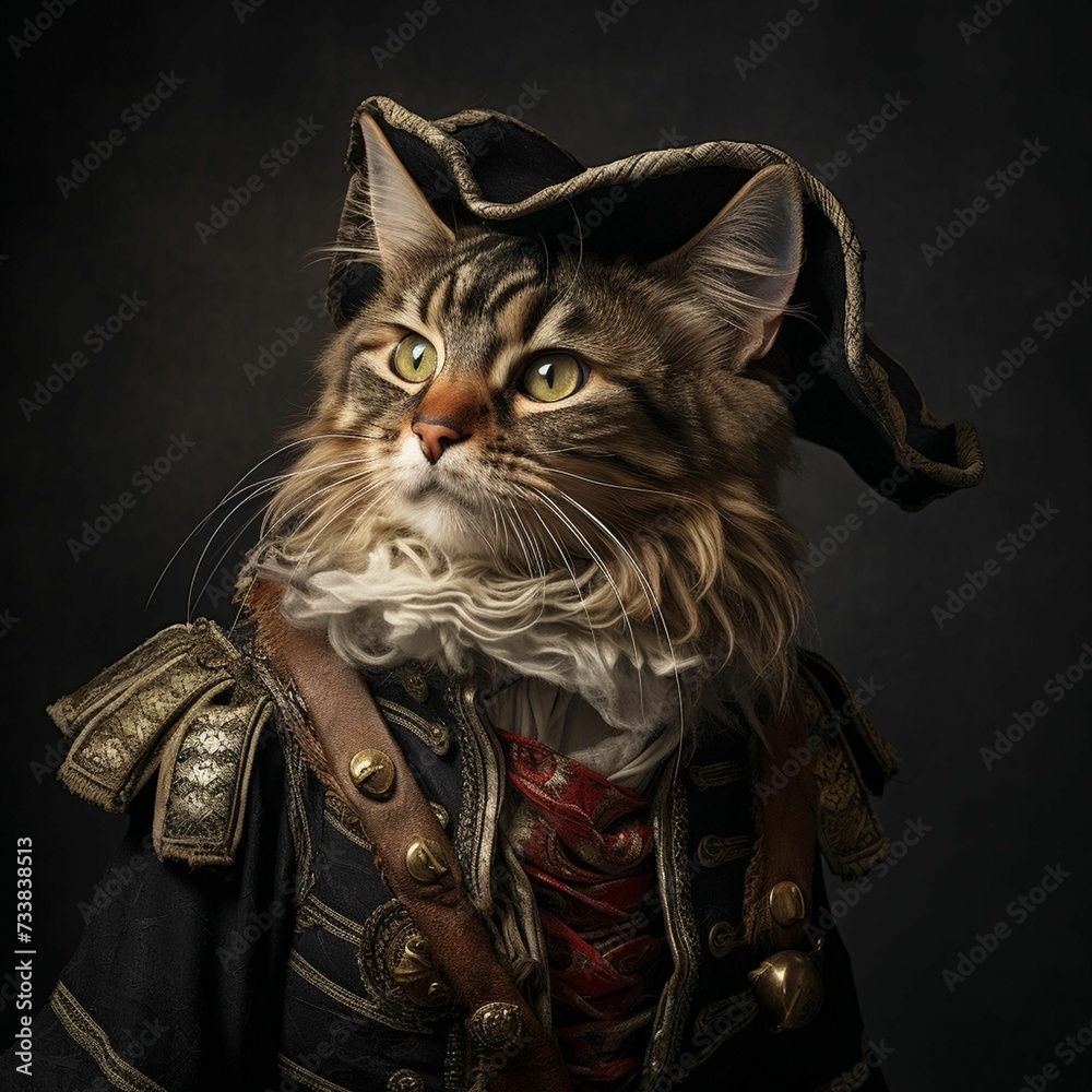 AI generated illustration of a tabby cat wearing a vintage pirate ...