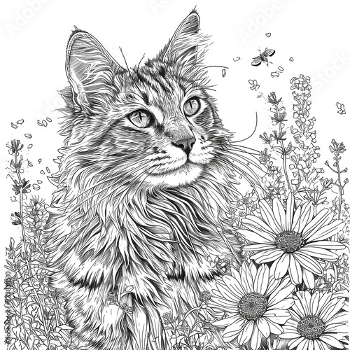 Sketch of a cat in the meadow with flowers. Coloring page.